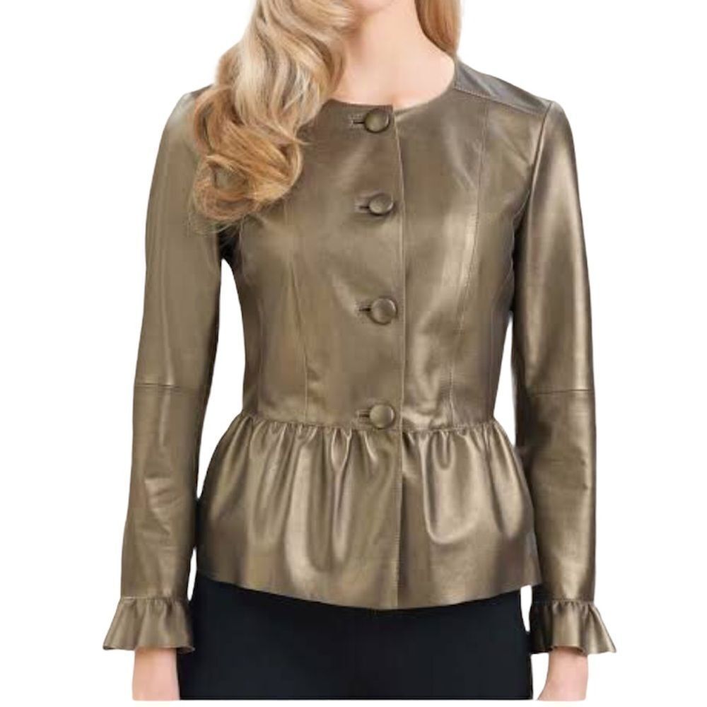 Luisa Spagnoli Gold Pearlized Leather Collarless Blazer Jacket Size 44